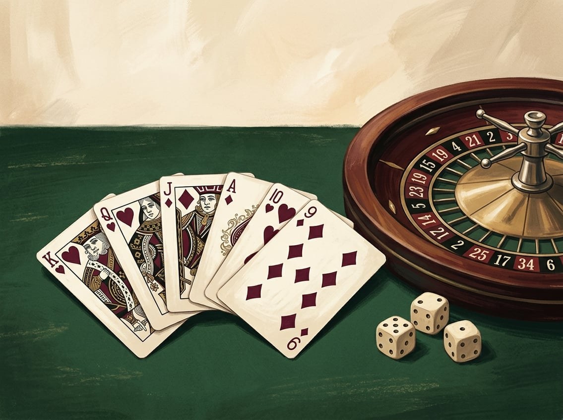 Elegant illustration av kortspel, roulette och tärningar i klassisk casino-stil