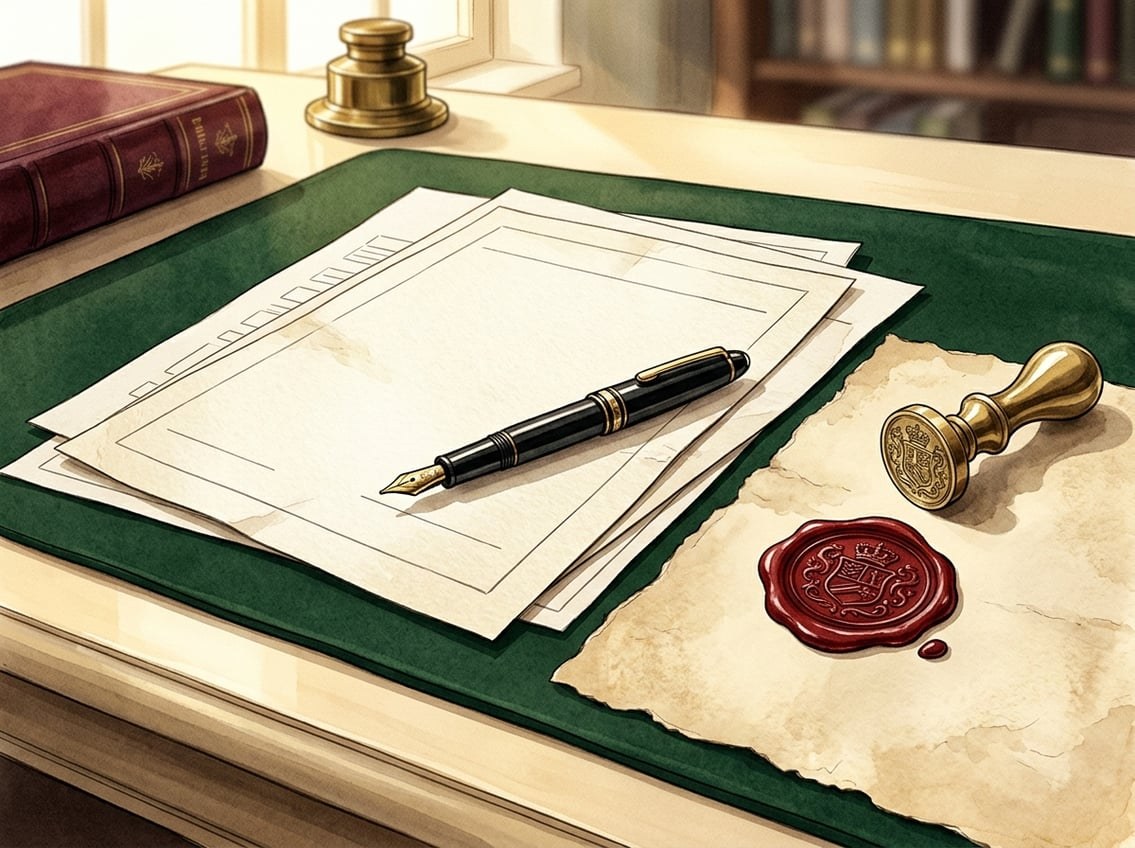 Elegant illustration av officiella dokument, stämplar och juridiska symboler i klassisk atmosfär