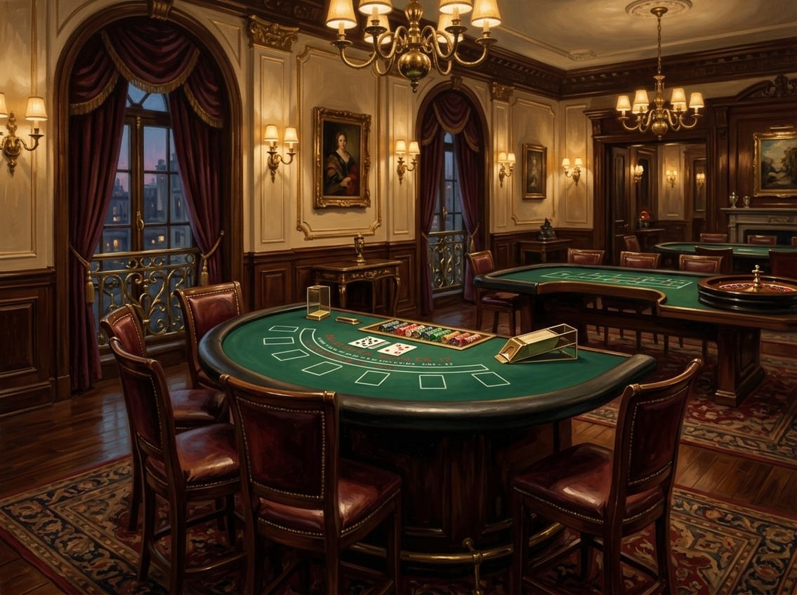 Elegant illustration av live casino-bord med kort, tärningar och roulette i mörk klubblokal