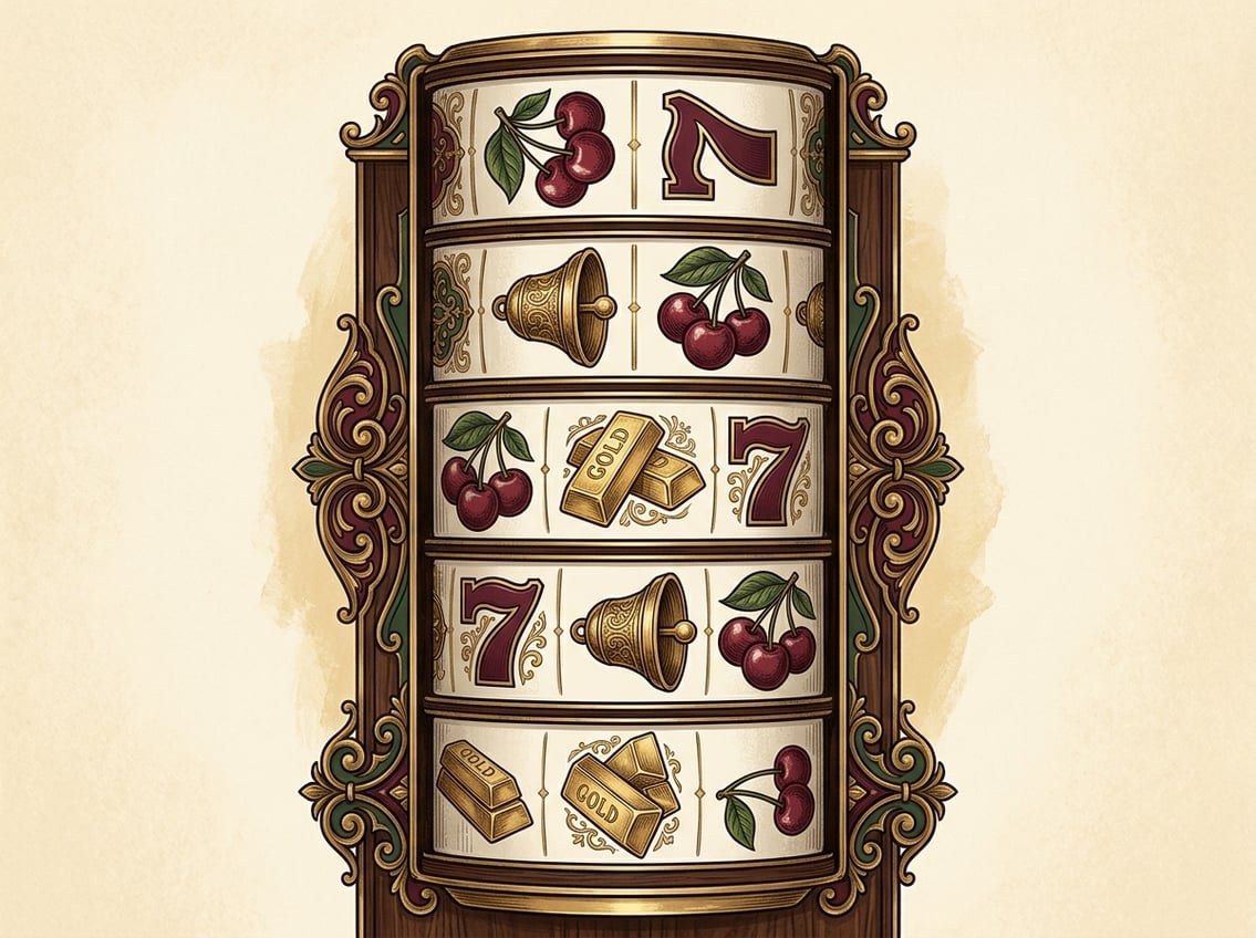Elegant illustration av spelautomater och slotssymboler i klassisk casino-atmosfär