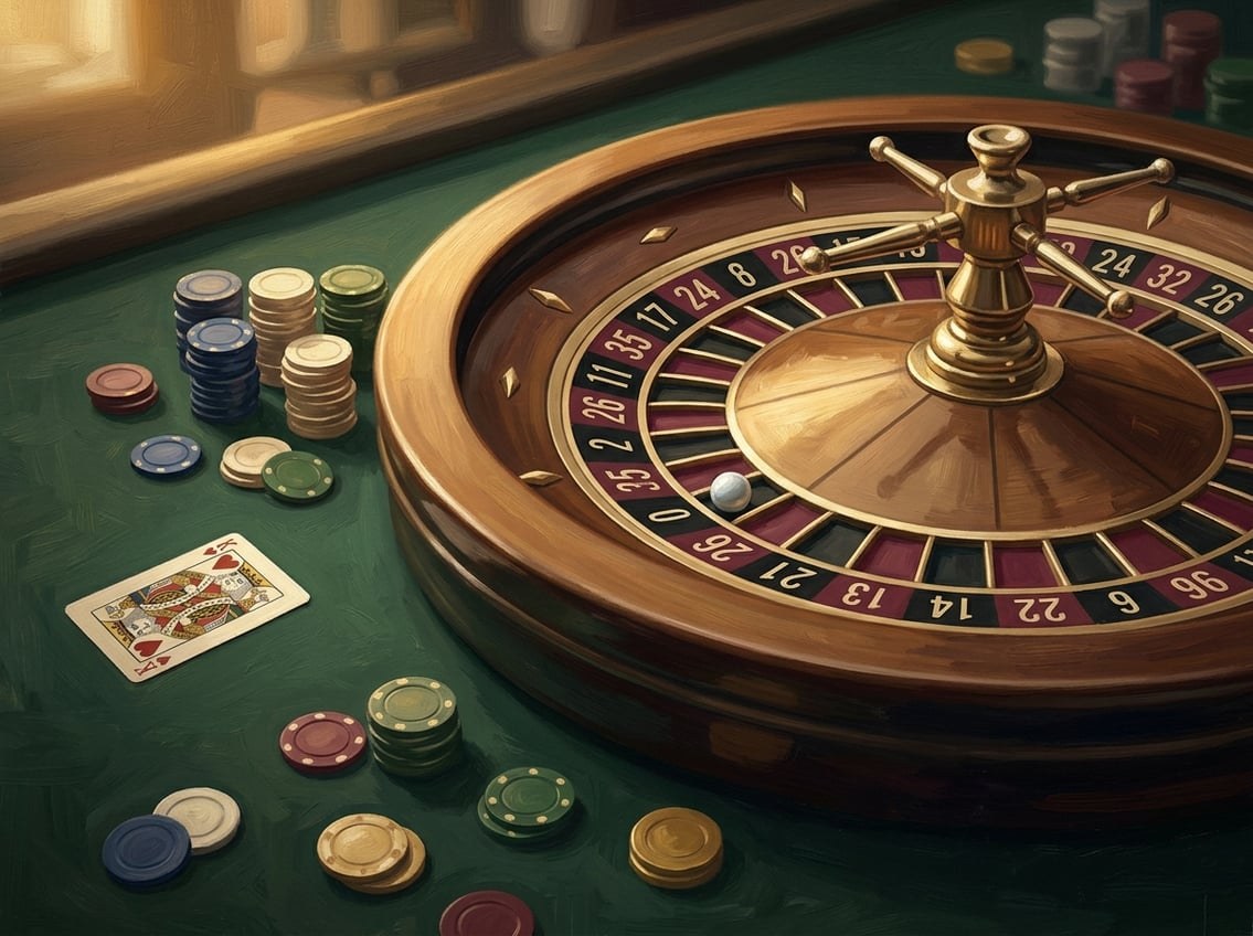 Klassisk roulettehjul och kort på grön filt i elegant casino-miljö